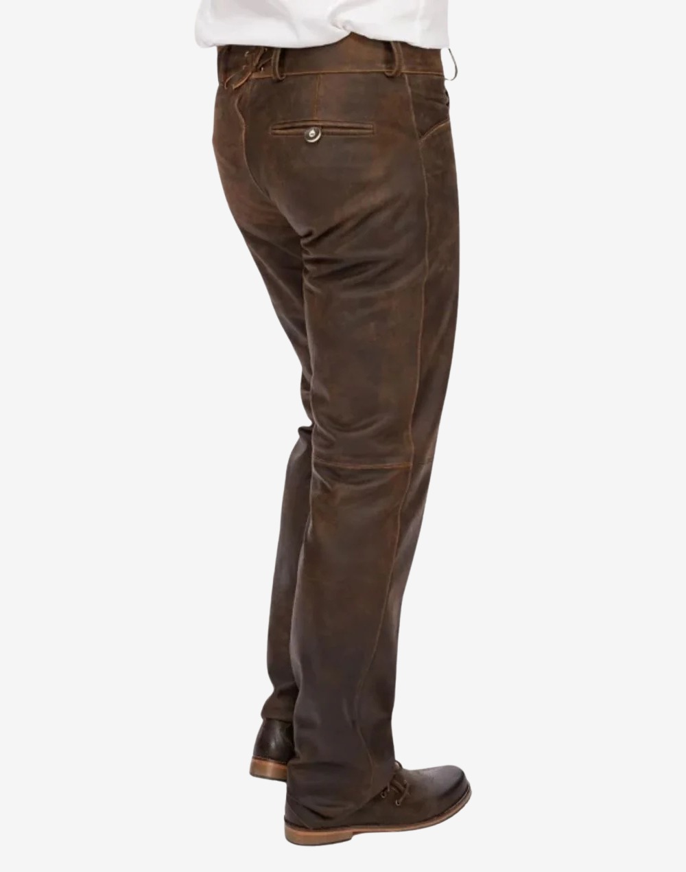 Brown pants worn by a person on a white background