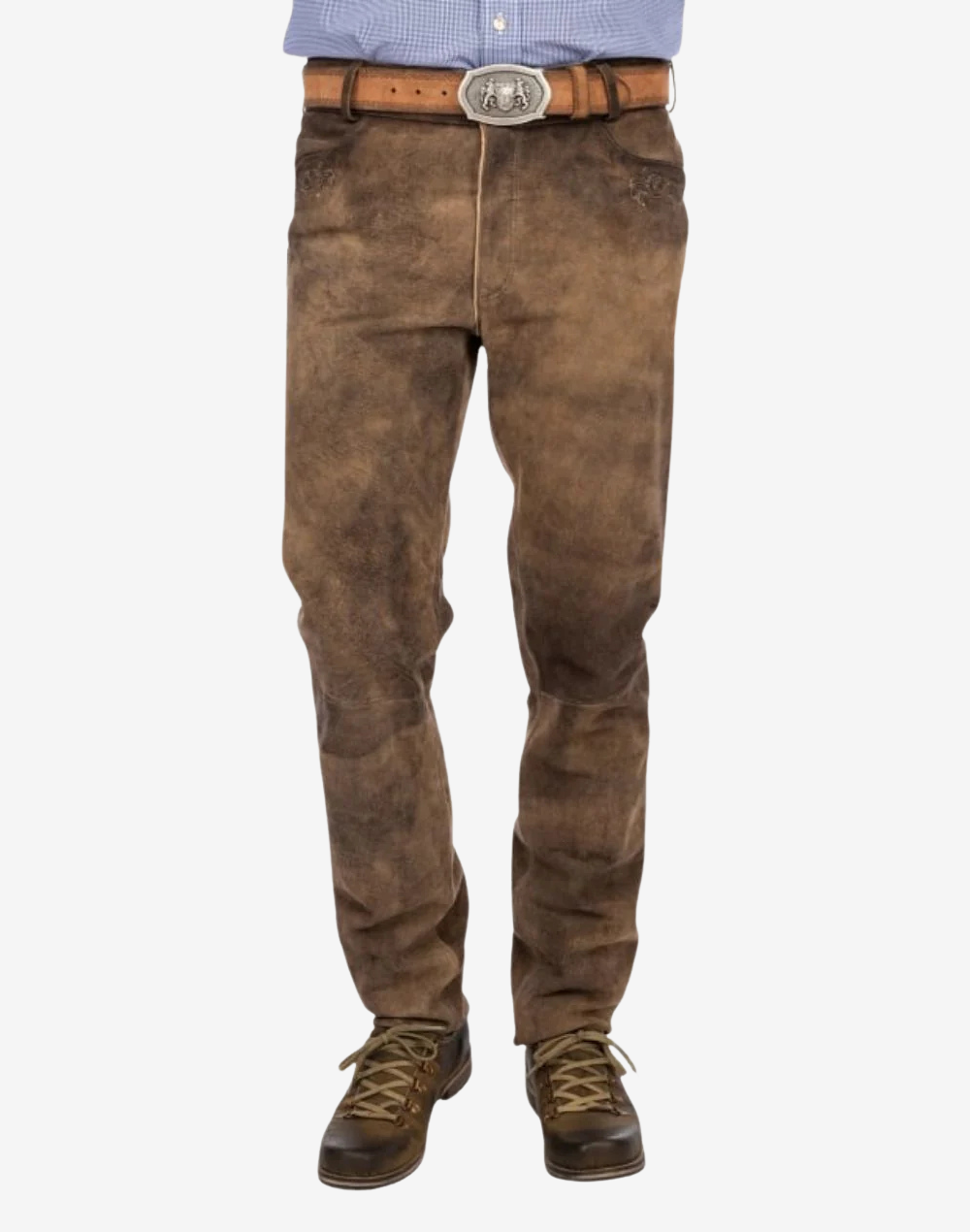 Brown leather pants worn by a person on a white background