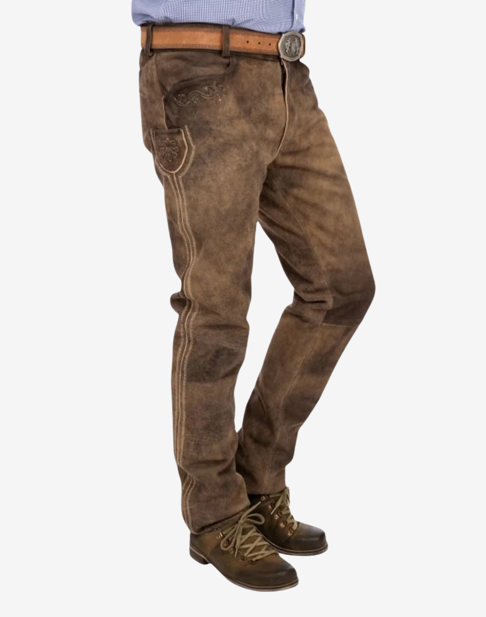 Brown leather pants worn by a person on a white background