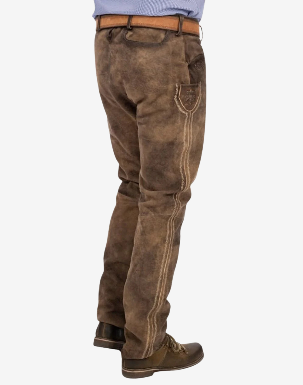 Brown leather pants worn by a person on a white background