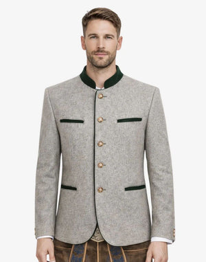 Man wearing a traditional gray jacket with green accents on a white background