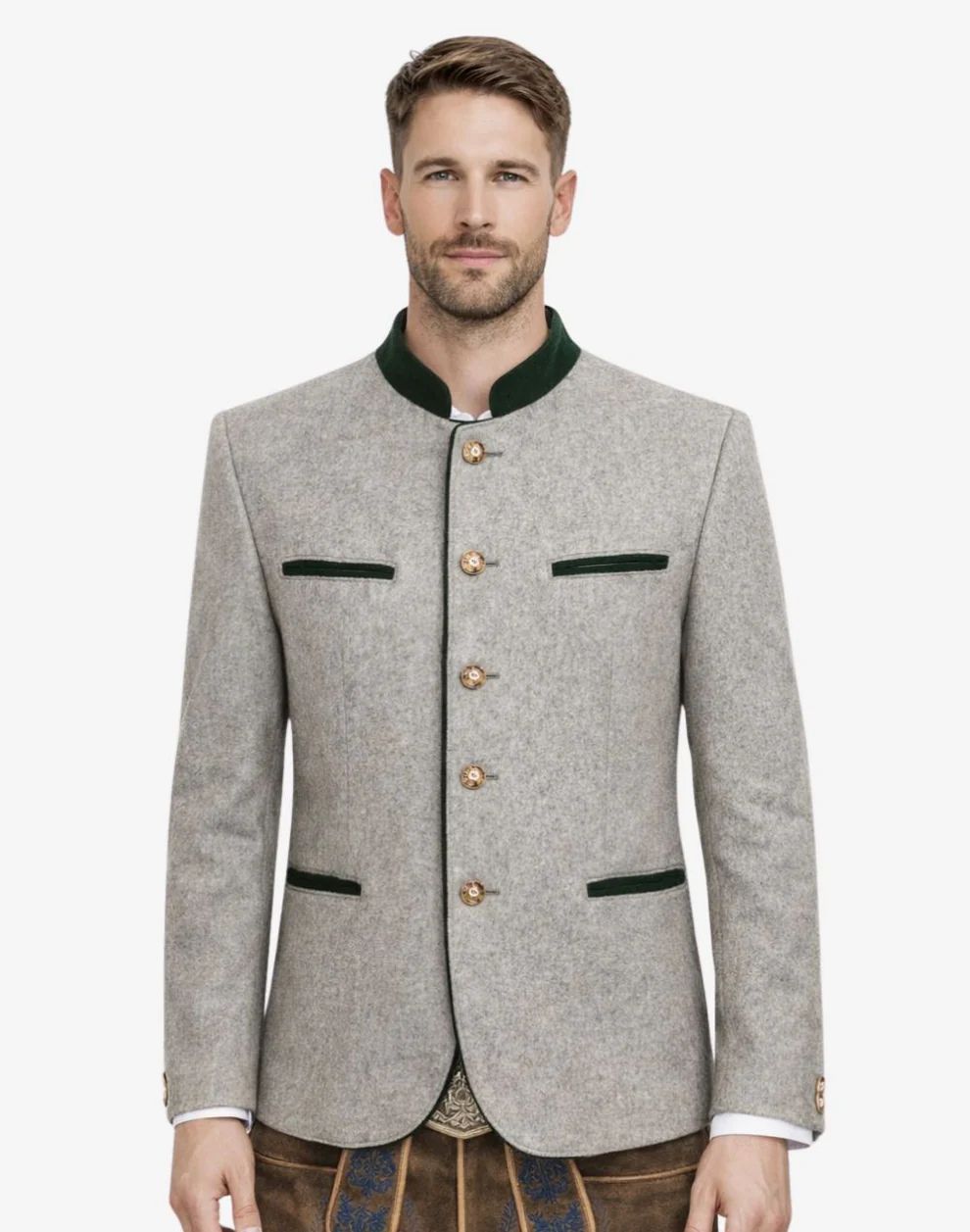 Man wearing a traditional gray jacket with green accents on a white background