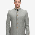 Front view of model wearing German Oktoberfest Jacket for Men in light grey with stand collar and horn buttons