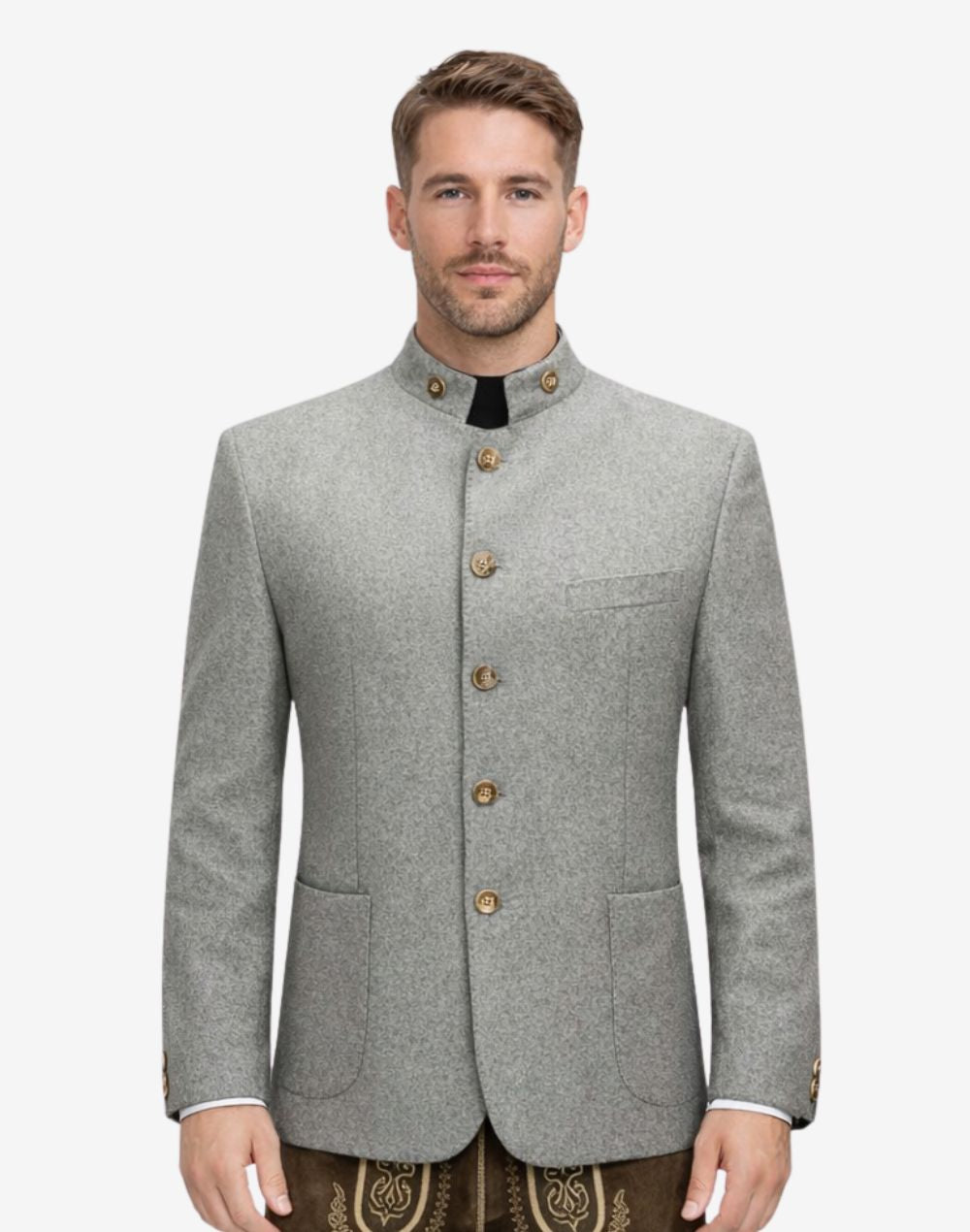 Front view of model wearing German Oktoberfest Jacket for Men in light grey with stand collar and horn buttons