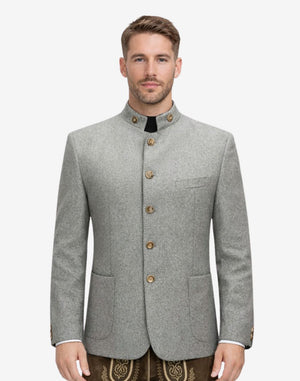 Front view of model wearing German Oktoberfest Jacket for Men in light grey with stand collar and horn buttons