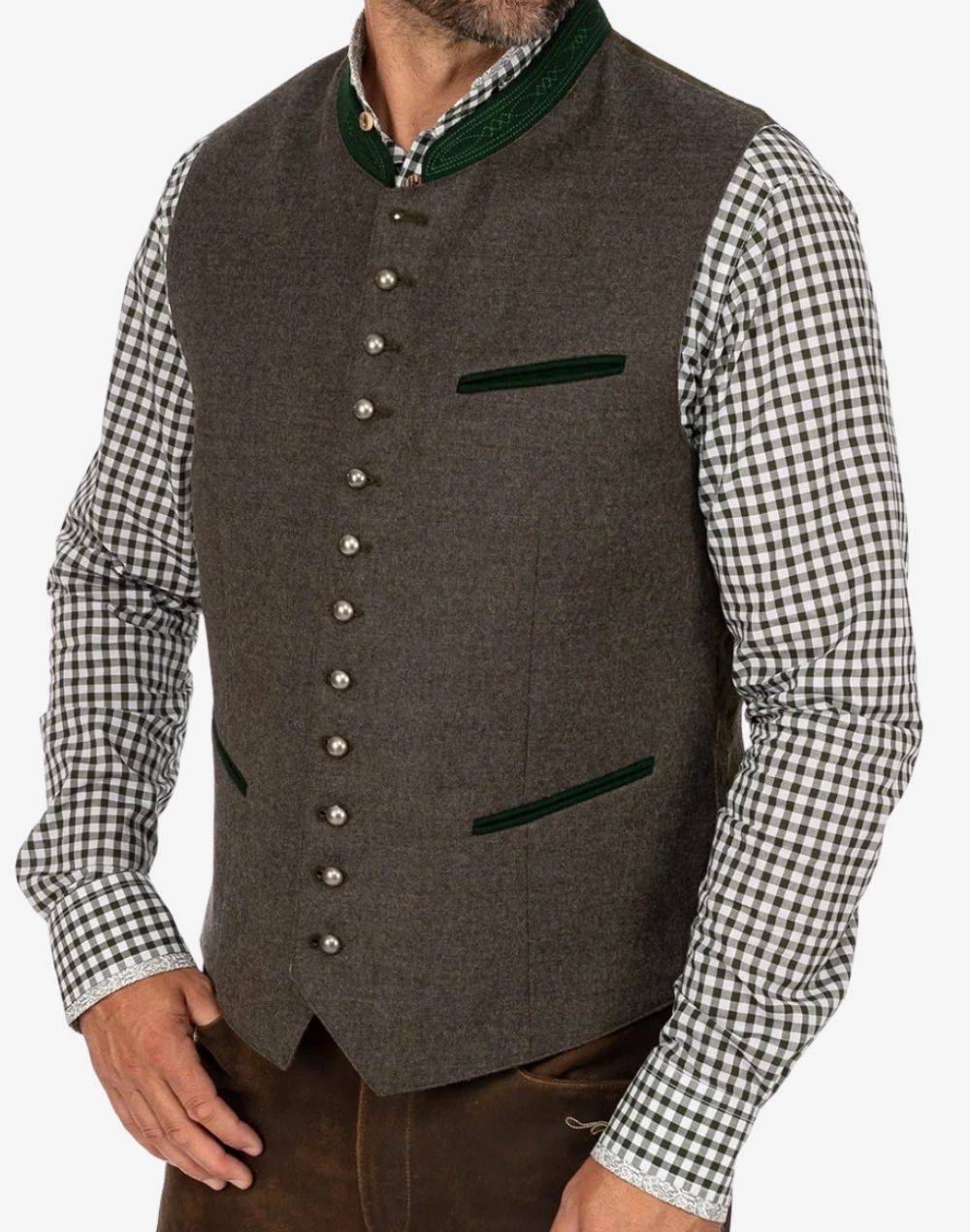 Angled wearing view of German Oktoberfest vest for men highlighting tailored fit, classic cut and traditional Bavarian appearance