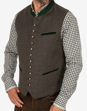 Angled wearing view of German Oktoberfest vest for men highlighting tailored fit, classic cut and traditional Bavarian appearance