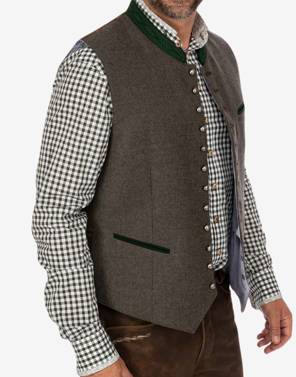 Model wearing German Oktoberfest vest for men displaying fitted silhouette, button closure and authentic festival styling