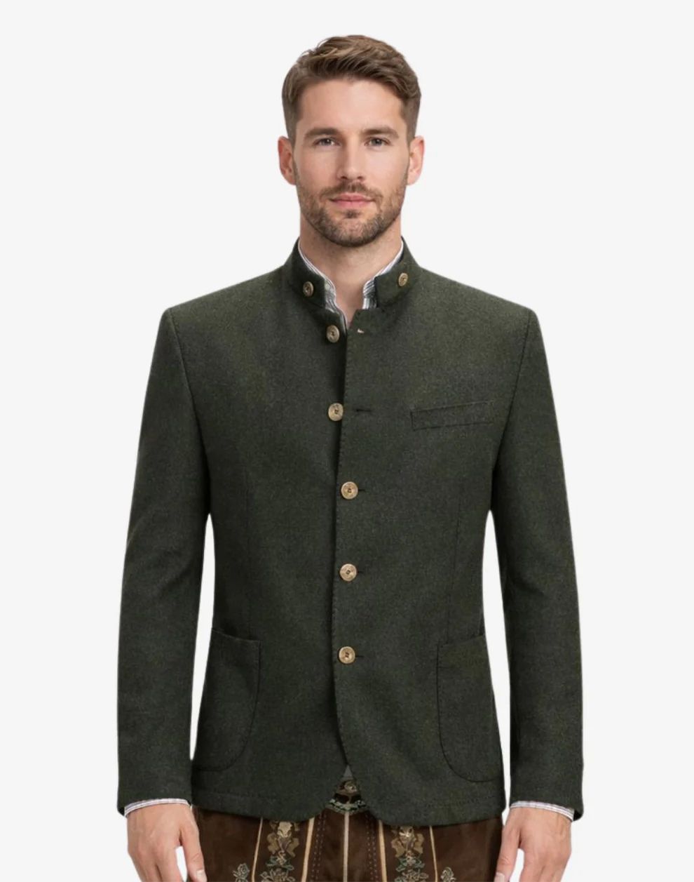 Man wearing a green jacket with buttons on a white background