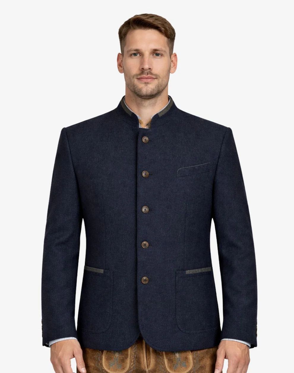 Man wearing a navy blazer with brown buttons on a white background