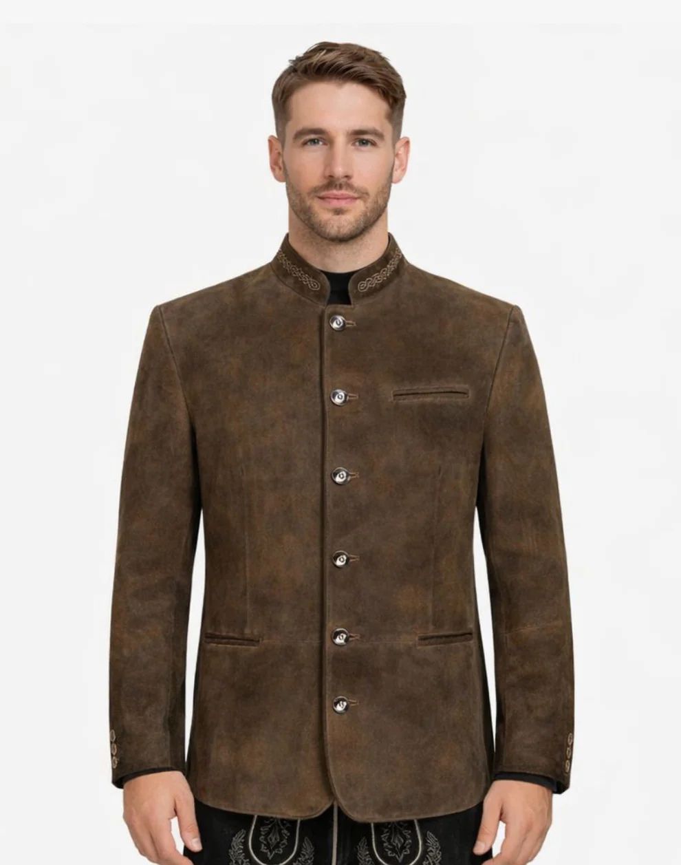 Man wearing a brown suede jacket on a white background
