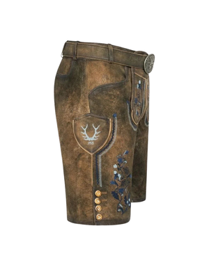 Men German Traditional Lederhosen side view with crest pocket blue stitching and horn style buttons