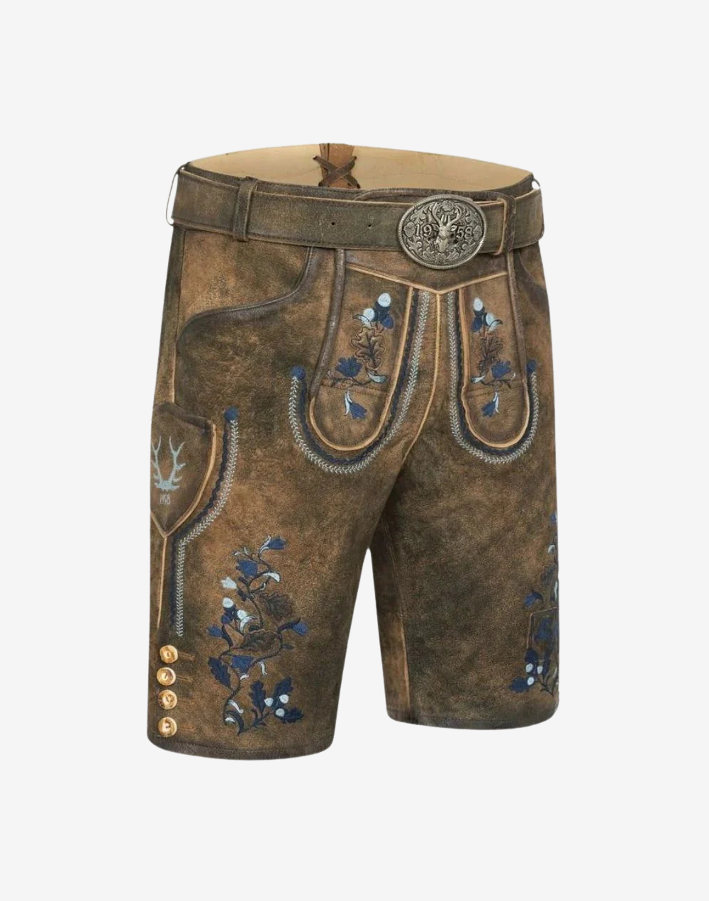 Traditional Lederhosen Men German angled front shows bib flap piping and blue flower motifs on thigh