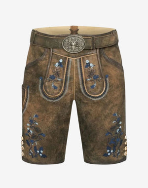 German Traditional Lederhosen Men brown suede shorts with blue floral embroidery and stag buckle belt