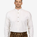 Model wearing German Traditional Shirts for Men front view in white showing stand collar, button placket and classic fit