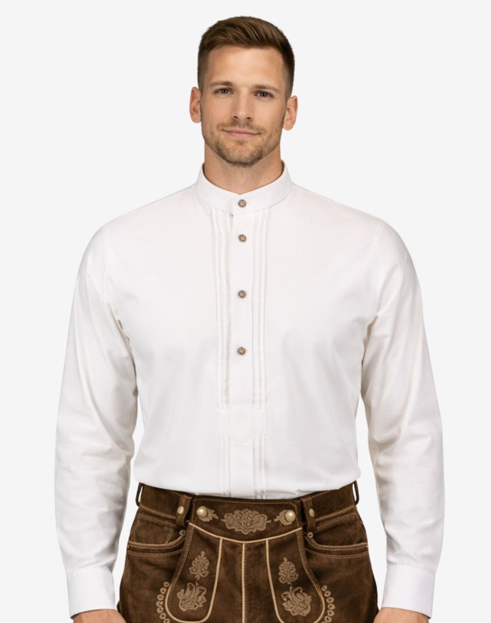 Model wearing German Traditional Shirts for Men front view in white showing stand collar, button placket and classic fit