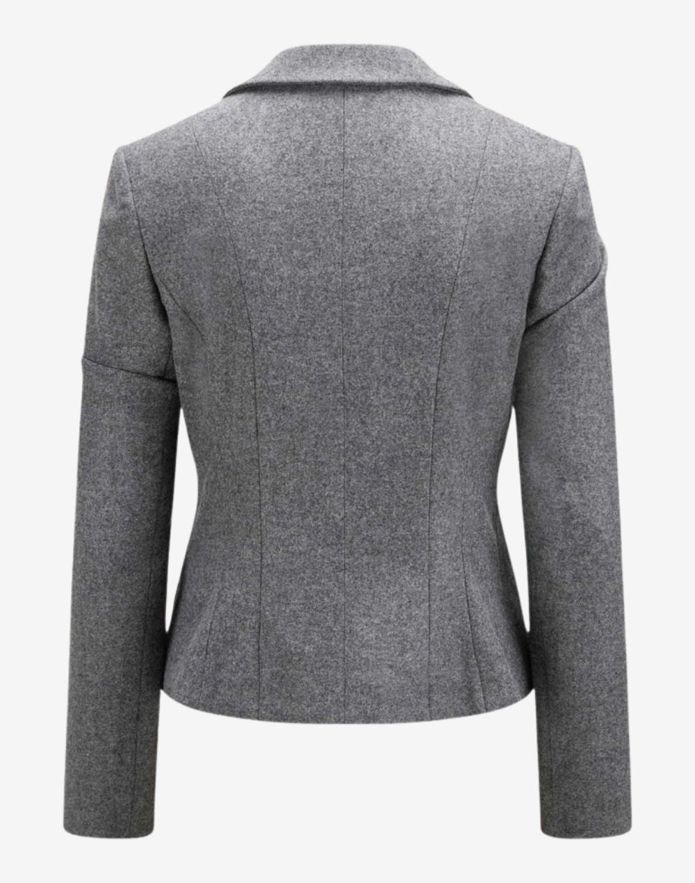 Back view of a women’s grey Alpine-style tailored jacket featuring a structured fit, clean panel stitching, long sleeves, and a classic minimalist design suitable for traditional trachten or dirndl outfits.