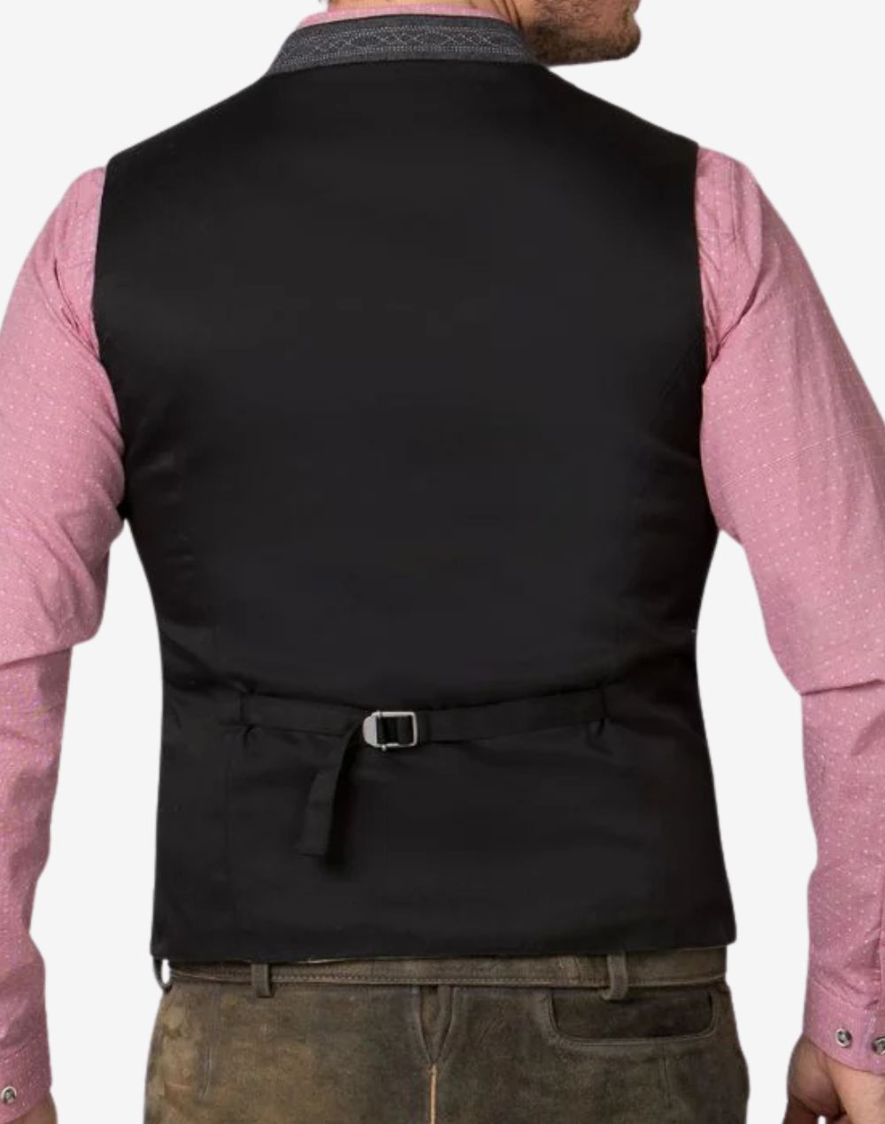 Back view of grey wool Alpine vest with adjustable strap and classic Trachten tailoring for a structured fit.