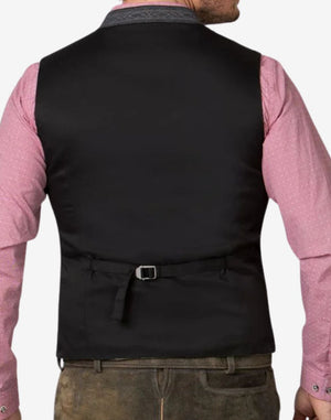 Back view of grey wool Alpine vest with adjustable strap and classic Trachten tailoring for a structured fit.