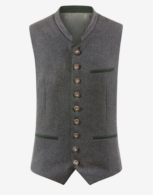 Front view of grey wool Alpine piping vest for men featuring traditional Bavarian design, decorative horn buttons, and green contrast piping.