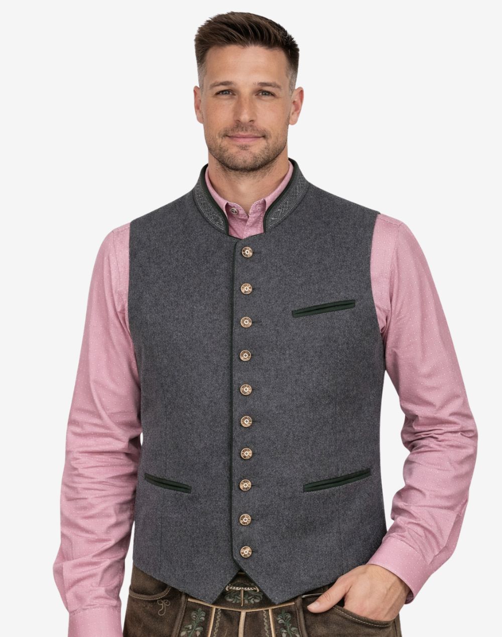 Male model wearing grey wool Alpine piping vest paired with traditional Bavarian outfit, suitable for Oktoberfest and cultural events.