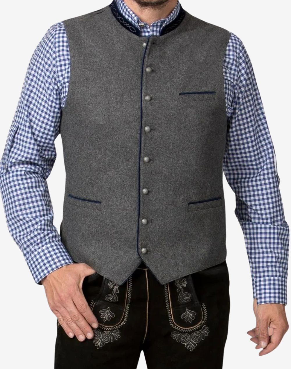 Angled close-up of grey wool Trachten vest with blue piping highlighting textured fabric, decorative buttons, and contrast trim details.