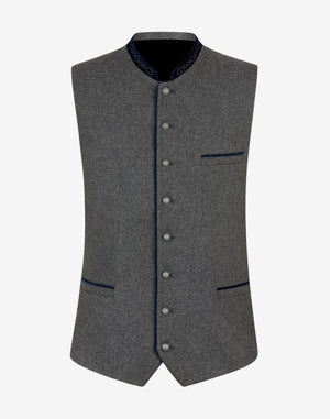 Front view of grey wool Trachten vest with blue piping featuring traditional Bavarian design, decorative horn buttons, and stand collar.
