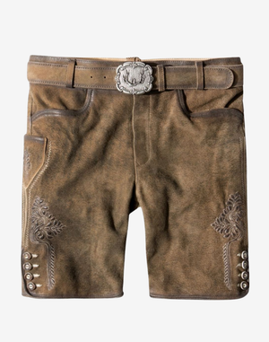 Handmade Bavarian lederhosen for men in brown suede leather with traditional embroidery, side buttons, and an ornate metal belt buckle