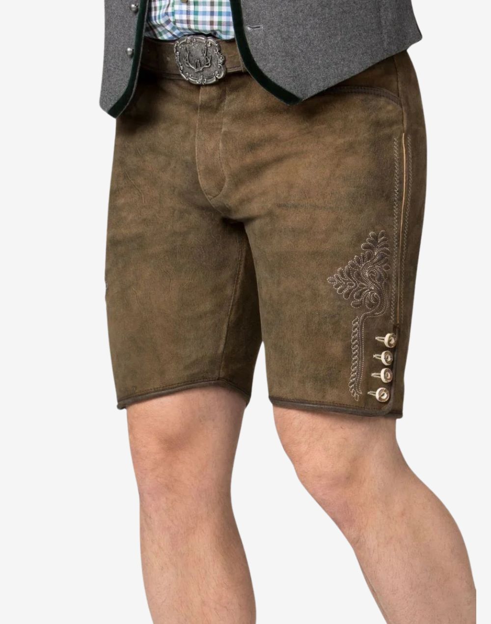 Traditional Bavarian lederhosen for men made of handcrafted suede leather with decorative embroidery and a fitted waist belt