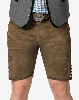 Authentic handmade lederhosen for men in brown leather showcasing Bavarian-style patterns and buttoned leg hems