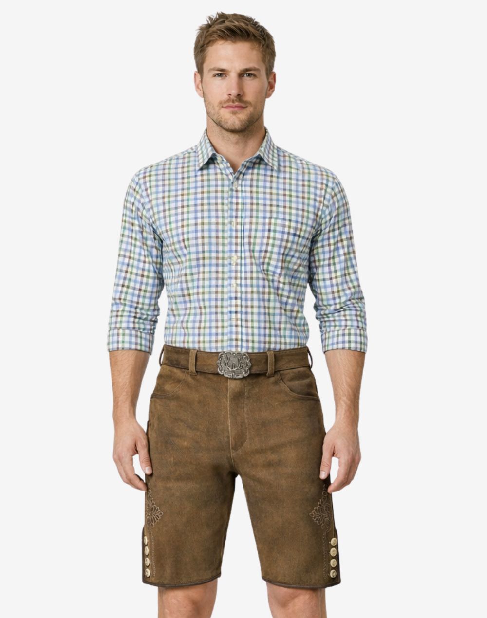 Model wearing handmade Bavarian lederhosen for men in brown leather with traditional embroidery and Oktoberfest belt buckle