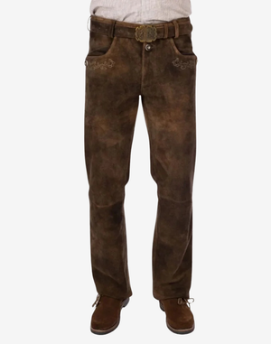 Brown leather pants with a belt on a white background