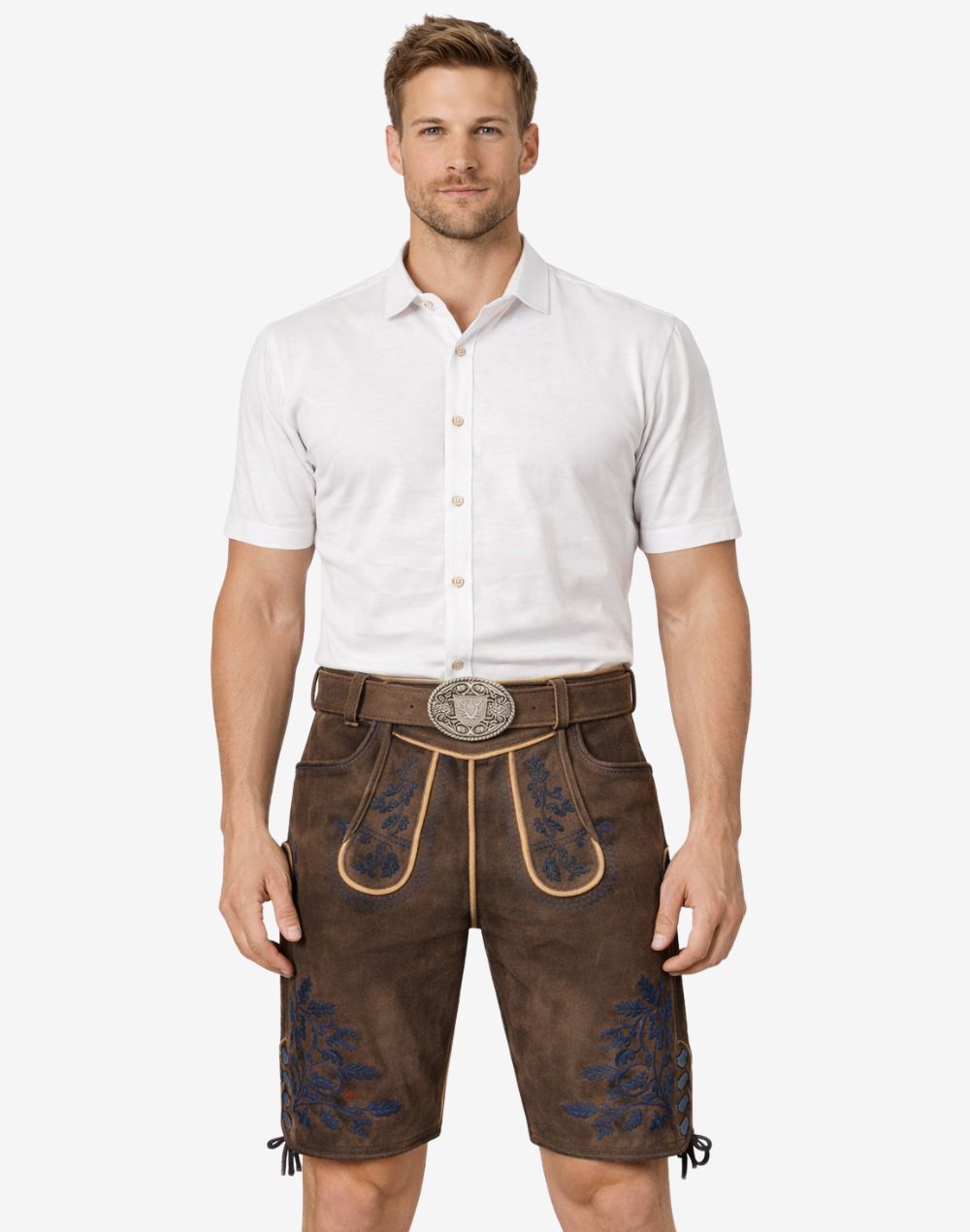 Front view of model wearing Heritage Line Lederhosen for Men in brown leather with traditional Bavarian embroidery and belt buckle