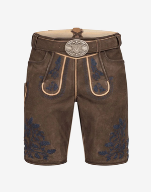Heritage Line Lederhosen for Men brown leather shorts with blue floral embroidery, front bib panels, and ornate belt buckle