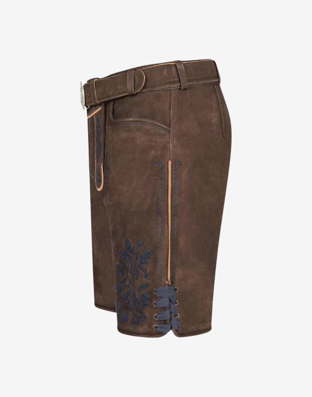 Heritage Line Lederhosen for Men side profile highlighting smooth leather finish, contrast piping, and lace-up cuff detail