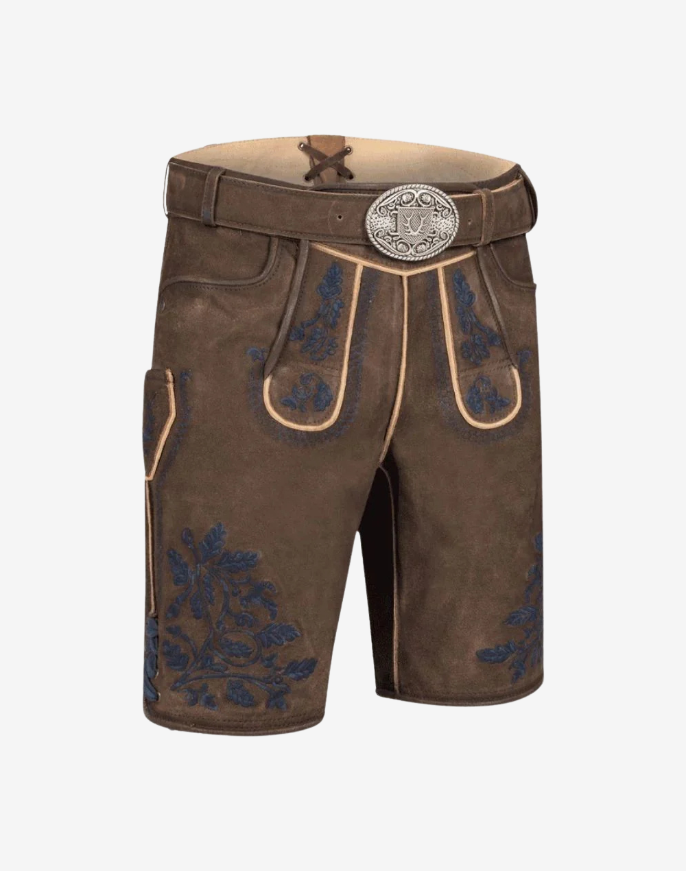 Heritage Line Lederhosen for Men angled front view with decorative belt buckle, bib embroidery panels, and blue floral stitching