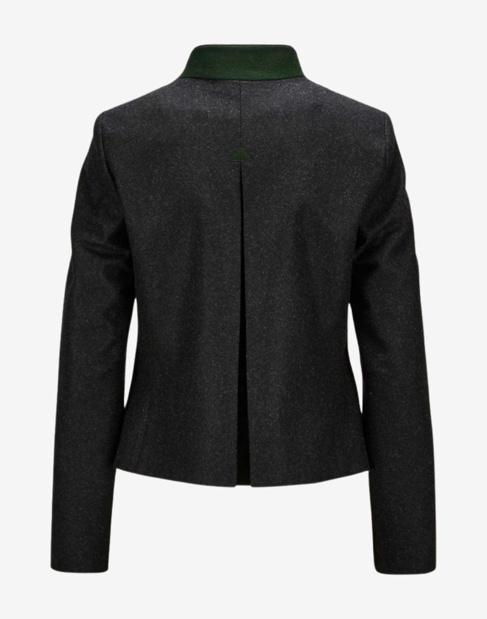 Back view of a women’s dark wool trachten-style jacket with a tailored fit, green contrast collar, long sleeves, and a clean center back vent in a traditional Alpine-inspired design.