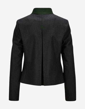Back view of a women’s dark wool trachten-style jacket with a tailored fit, green contrast collar, long sleeves, and a clean center back vent in a traditional Alpine-inspired design.