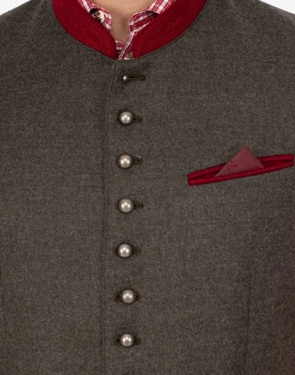 Angled wearing view of heritage style trachten vest for men highlighting tailored fit, classic cut and traditional Bavarian appearance
