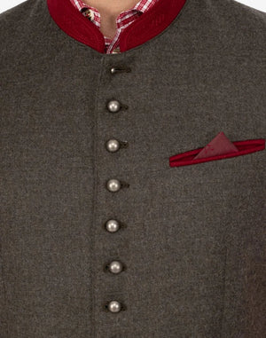 Angled wearing view of heritage style trachten vest for men highlighting tailored fit, classic cut and traditional Bavarian appearance