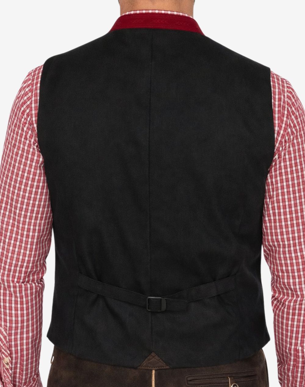 Back view of model wearing Heritage Style Trachten Vest Men featuring black rear panel and adjustable waist buckle