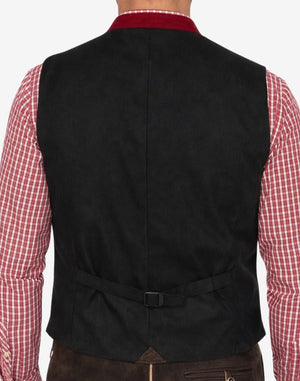 Back view of model wearing Heritage Style Trachten Vest Men featuring black rear panel and adjustable waist buckle