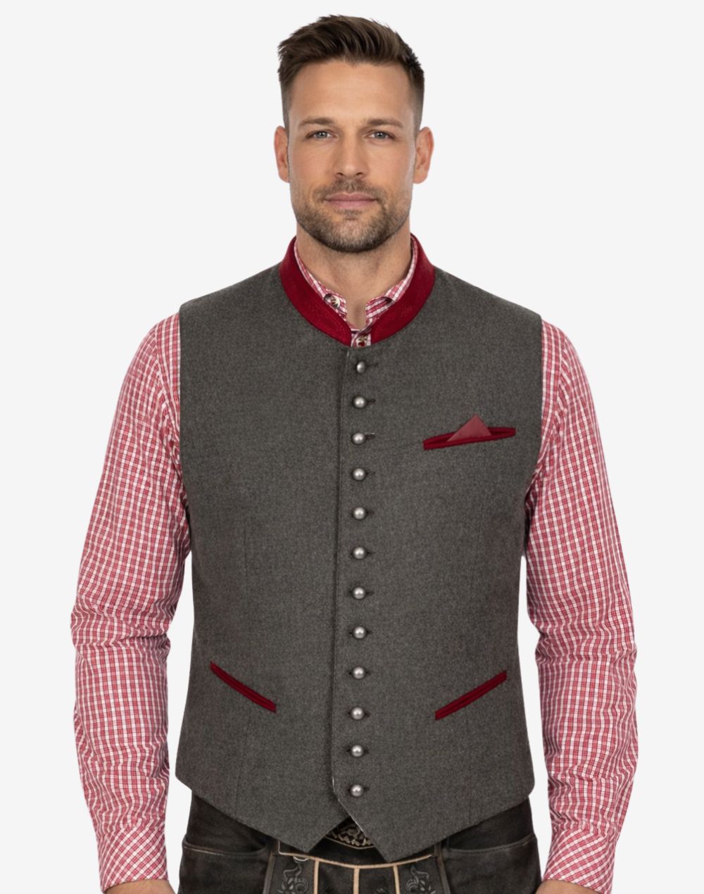 Front view of model wearing Heritage Style Trachten Vest Men in grey wool with red trim collar and metal buttons