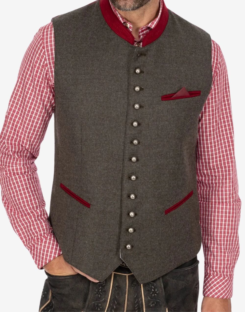 Model wearing heritage style trachten vest for men displaying fitted silhouette, button closure and authentic festival styling