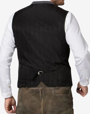 Back view of German wool waistcoat featuring adjustable strap, smooth black lining, and tailored traditional fit.
