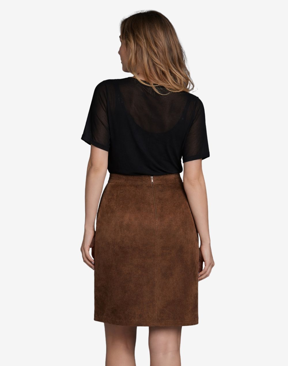 Back view of women's brown vintage-inspired Trachten skirt with high-waisted A-line fit and center back zipper detail, paired with a sheer black short-sleeve top.