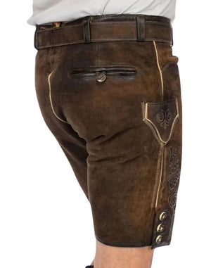 Brown leather shorts with decorative stitching on a white background