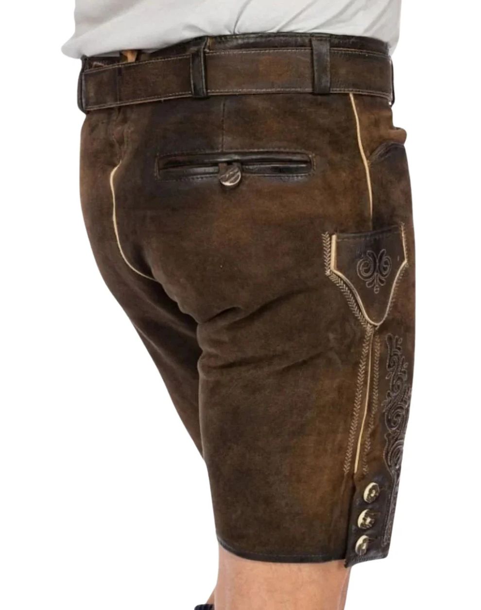 Brown leather shorts with decorative stitching on a white background