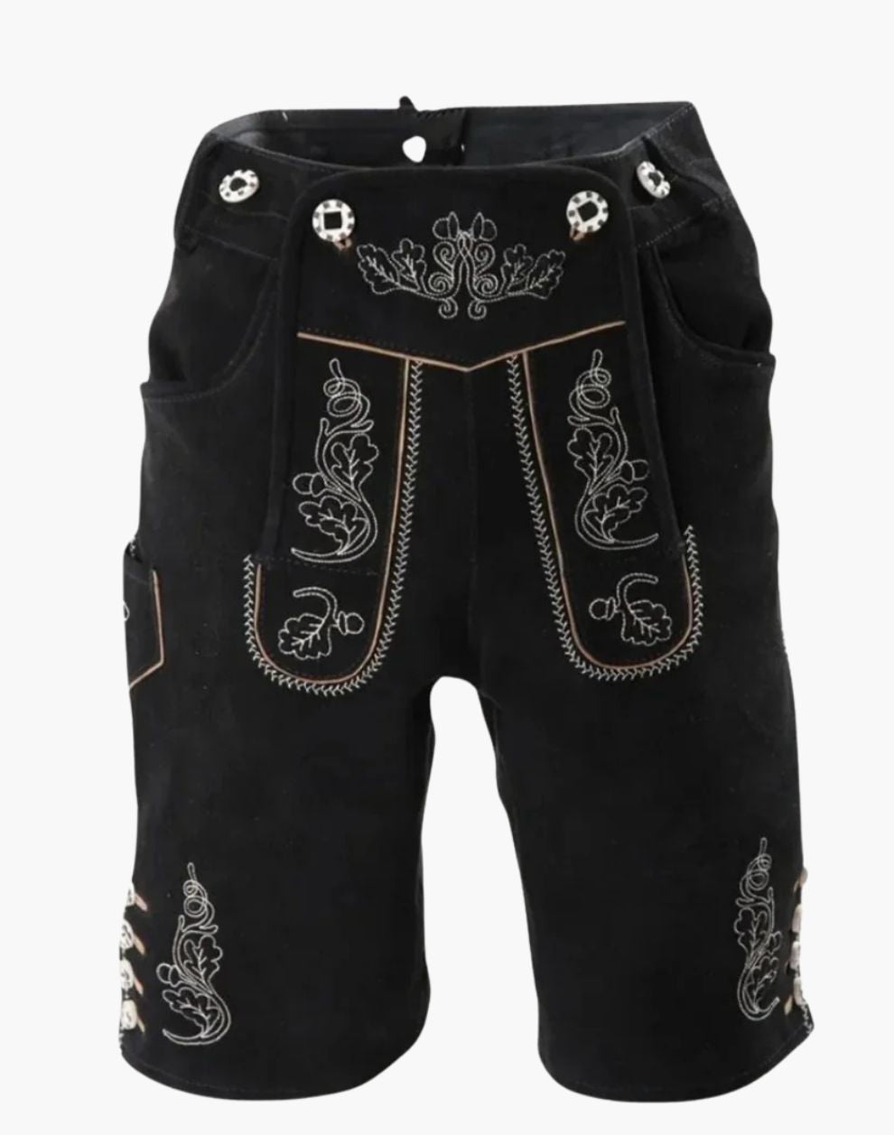 Black shorts with white embroidery on a white background