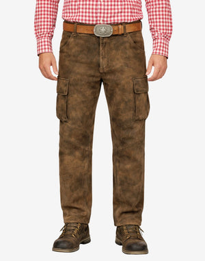 Brown cargo pants worn with a red and white checkered shirt on a white background